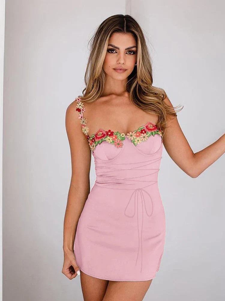 Mini Dress with Embroidery and Flower Straps with Satin Tie String Decoration - Lilia