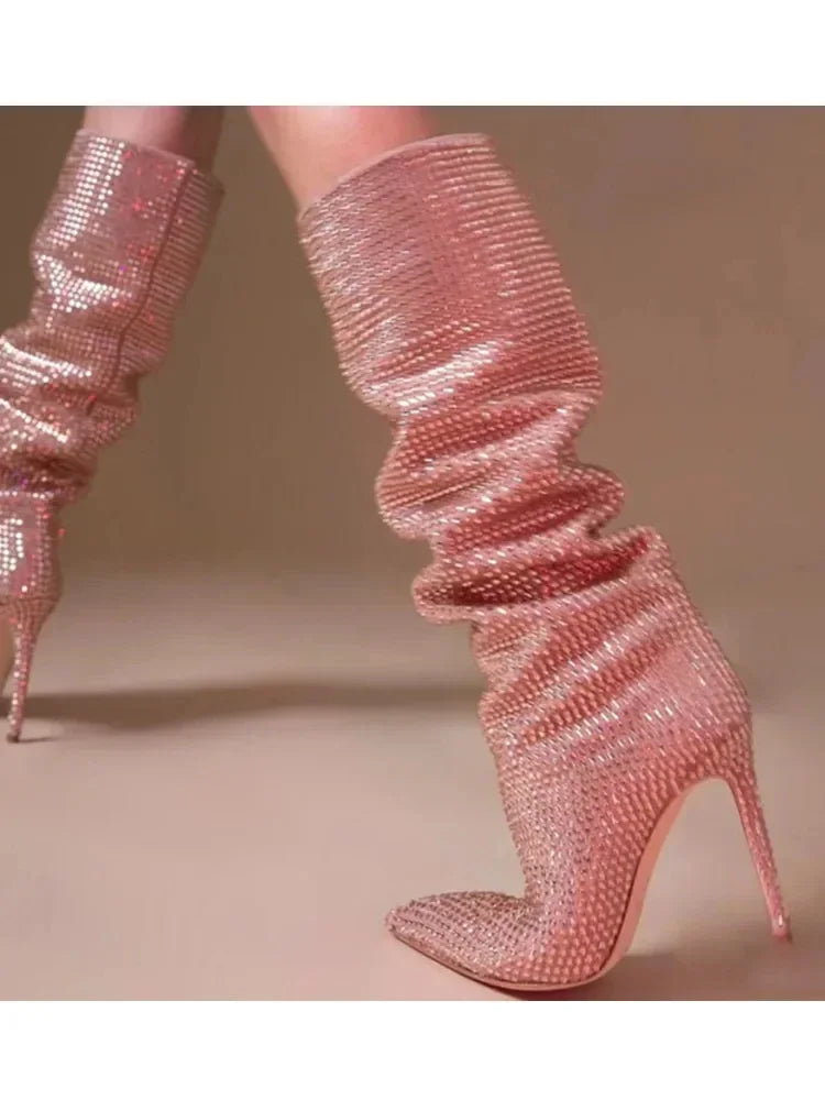 High Pointed Heel Boots with Sparkling Rhinestone Design - Josie