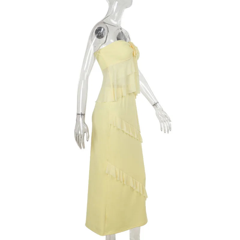 Two-Piece Set with Strapless Top and Maxi Skirt with Ruffle Detail - Sunny