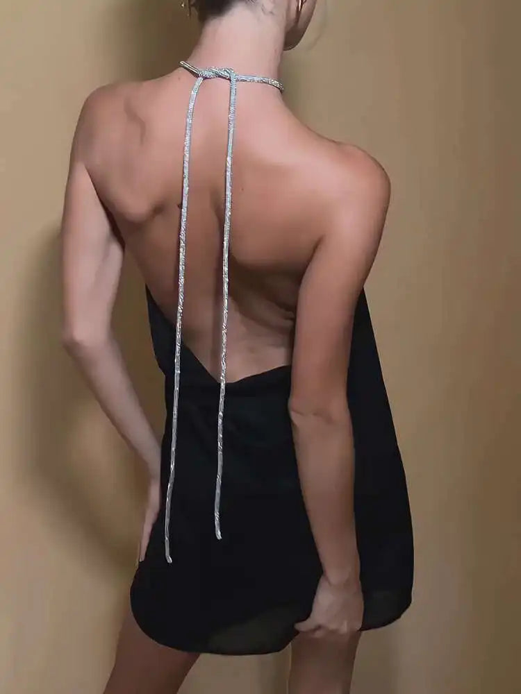 Satin mini dress with sparkling sequin threads tied at neck - Colin