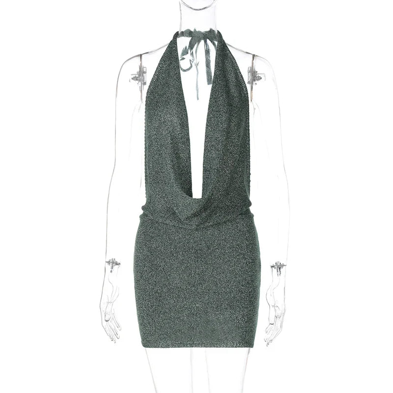 Knitted Sequin Mini Dress with Dropped Collar and Open Back - Kesem