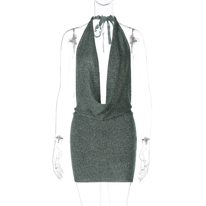 Knitted Sequin Mini Dress with Dropped Collar and Open Back - Kesem
