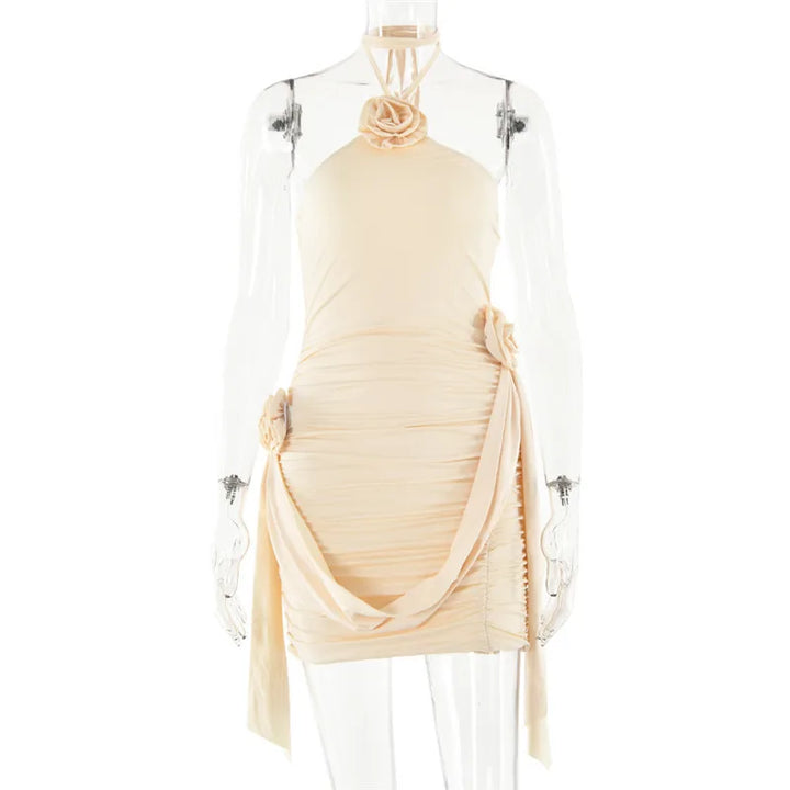 Ruched mini dress with neck tie and floral appliqué - Jasmina