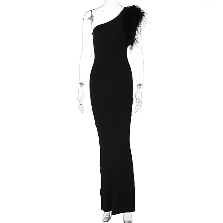 Elegant one-shoulder maxi evening dress decorated with feathers - Talia