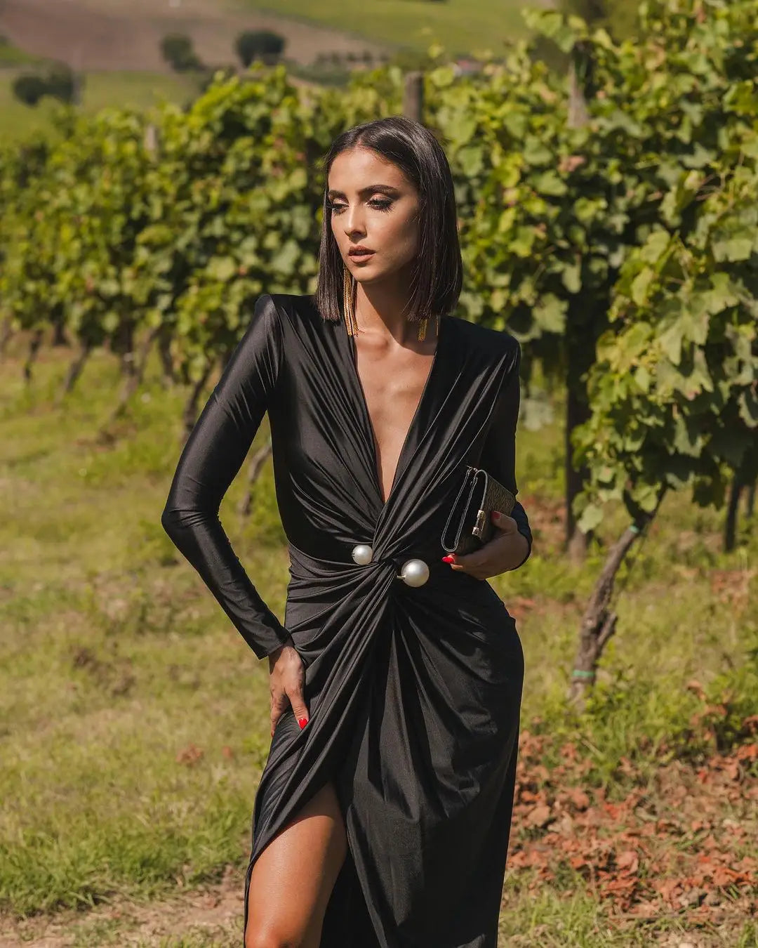 Maxi Wrap Evening Dress with Deep Slit and Pearl Detail - Simona