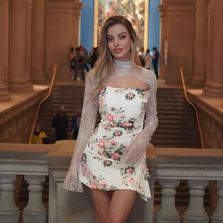 Floral mini dress with lace decoration - Sigal