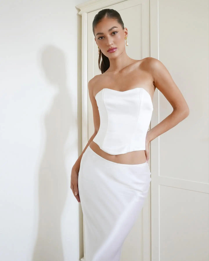 Two-Piece Satin Set with Strapless Top and Maxi Skirt - Siana