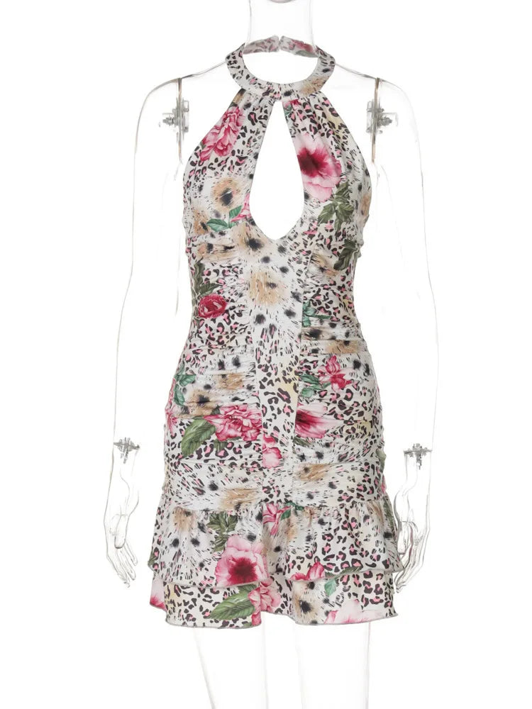 Mini dress with leopard print collar and floral decoration, open back - Chili