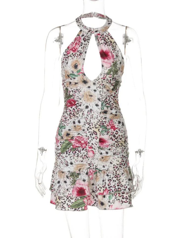 Mini dress with leopard print collar and floral decoration, open back - Chili
