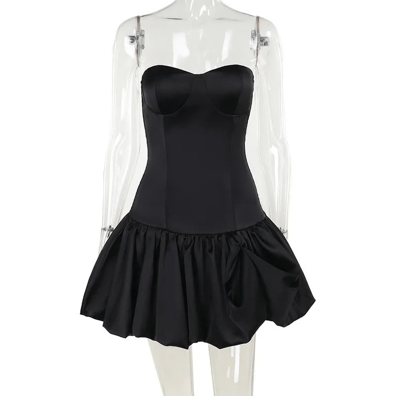 Strapless Satin Mini Dress with Balloon Ruching Design - BELLEN