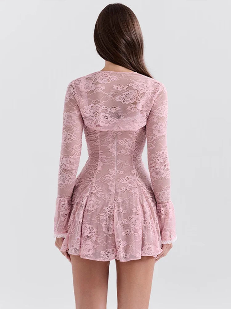Lace Mini Dress with Overlay Sleeves and Tie Closure - Polina