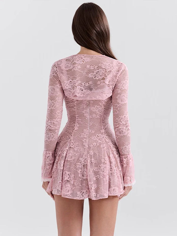 Lace Mini Dress with Overlay Sleeves and Tie Closure - Polina