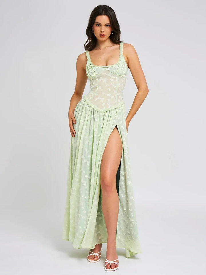 Chiffon Maxi Dress with Floral Embroidery, A-Line Cut, and Slit Design - Alejandra