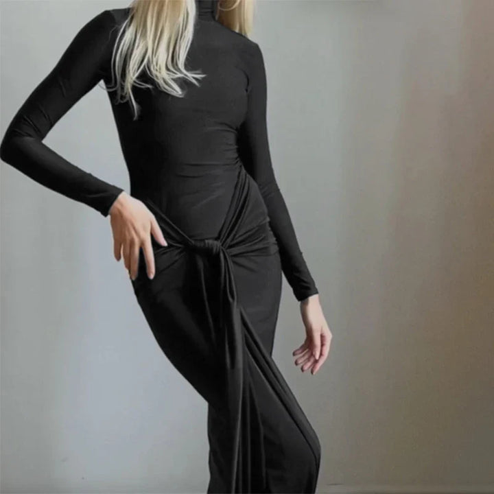Maxi Dress with Turtleneck Collar, Gathered Design, and Tie - Margarita