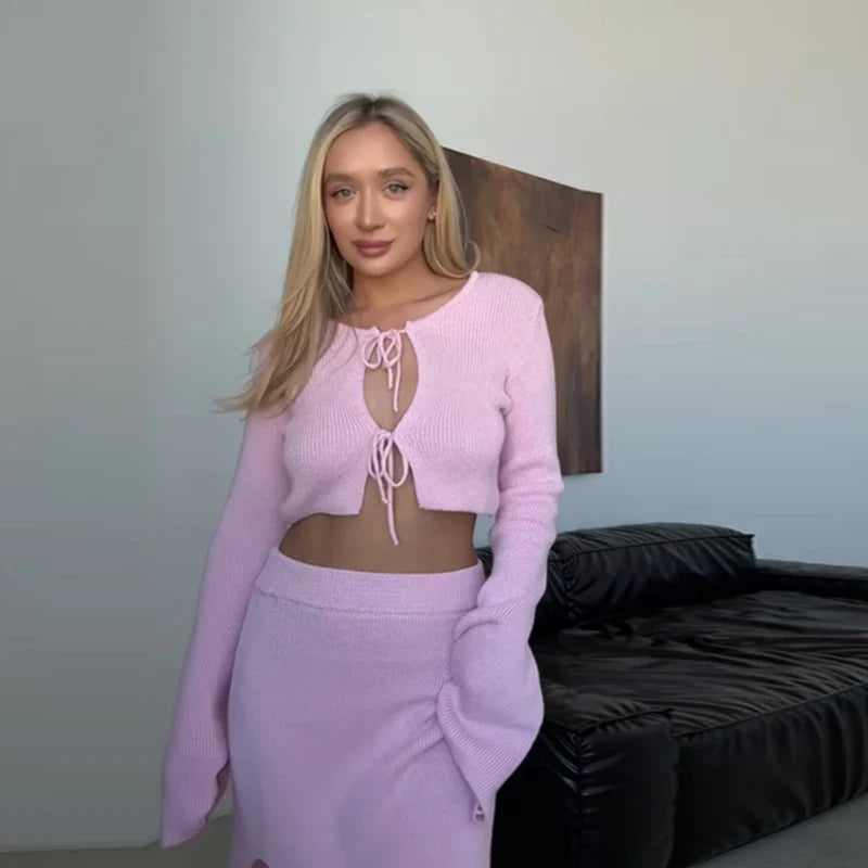 Two-piece knitted set with maxi skirt and tie-up top - Yamit