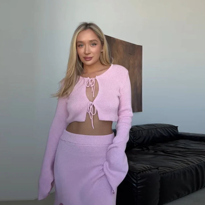 Two-piece knitted set with maxi skirt and tie-up top - Yamit