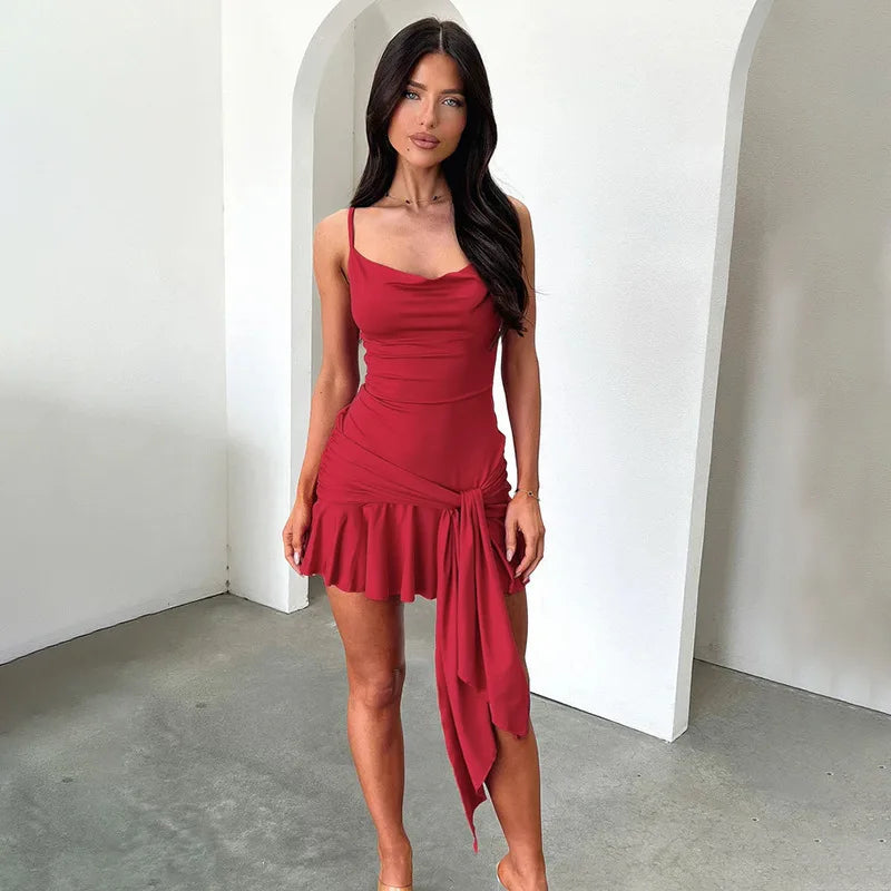 Ruffled Mini Dress with Spaghetti Strap Tie Detail - Selena