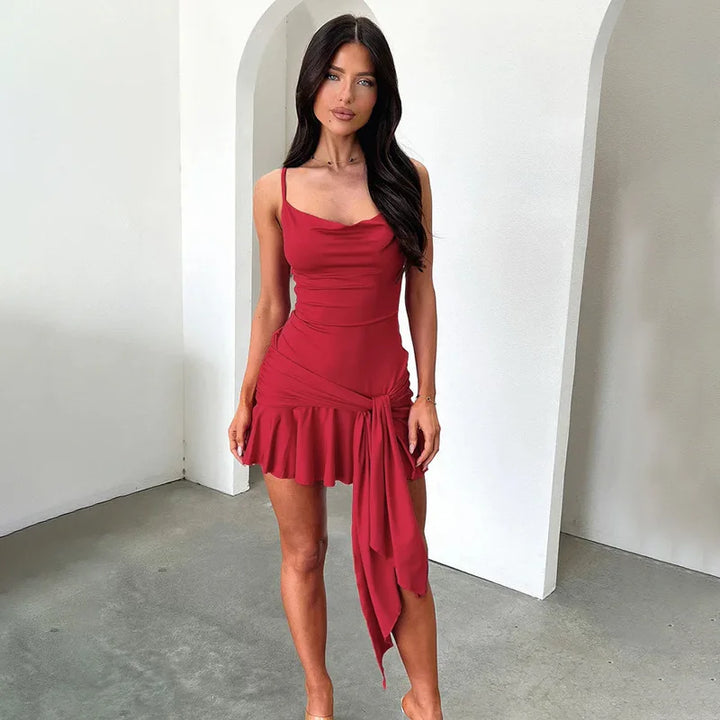 Ruffled Mini Dress with Spaghetti Strap Tie Detail - Selena