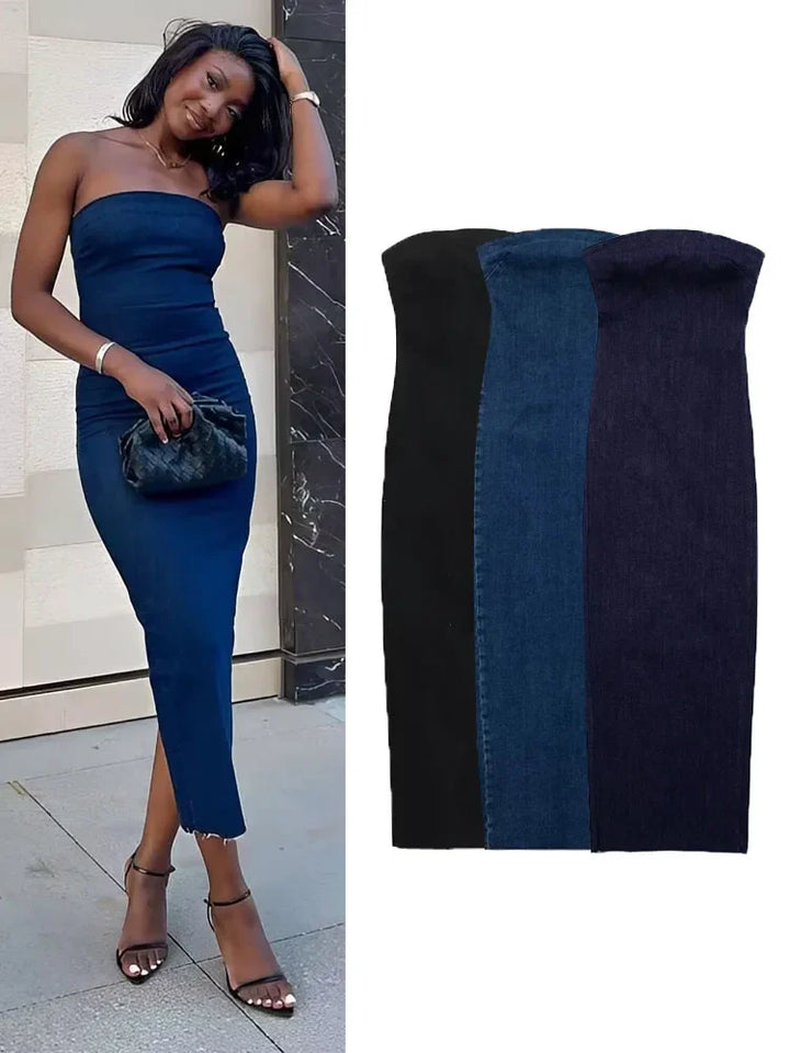 Fitted Strapless Denim Midi Dress - Richie