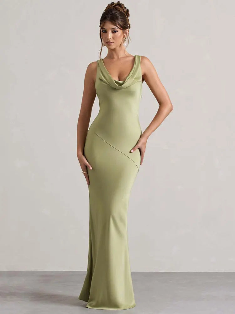 Maxi satin dress with draped collar and open back - Alexis