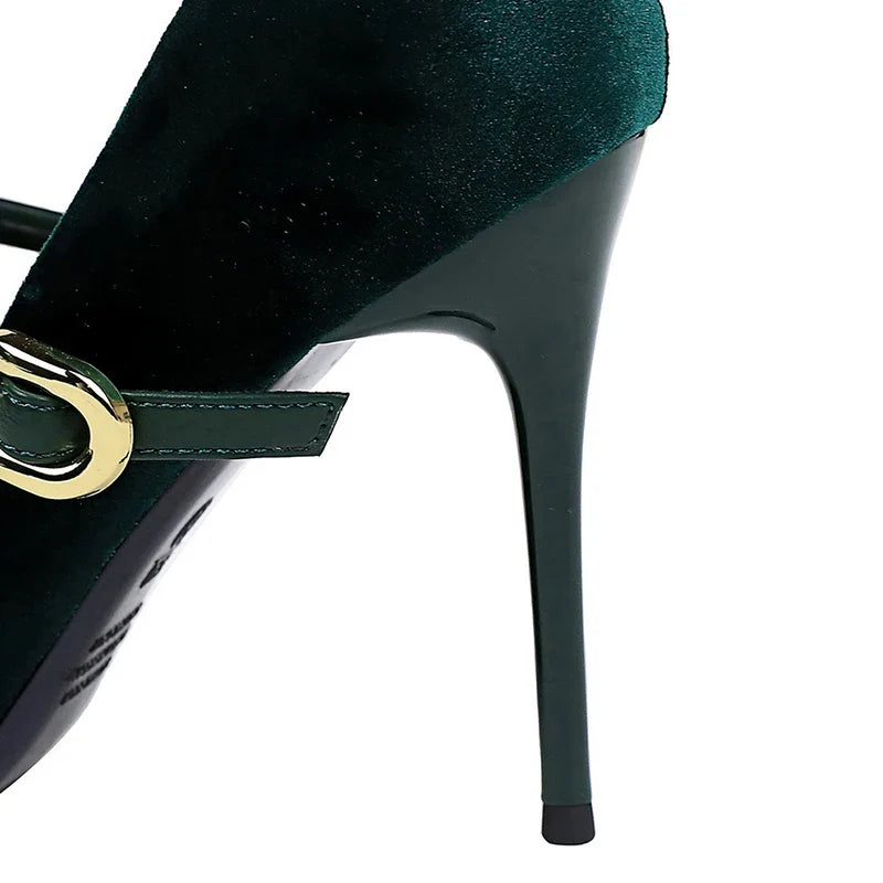 Pointed Heel Shoes with Velvet and Faux Leather Buckle Decoration - Mabel