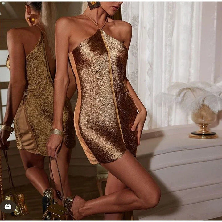 Mini Dress with Shiny Threads and Open Back - Georgia