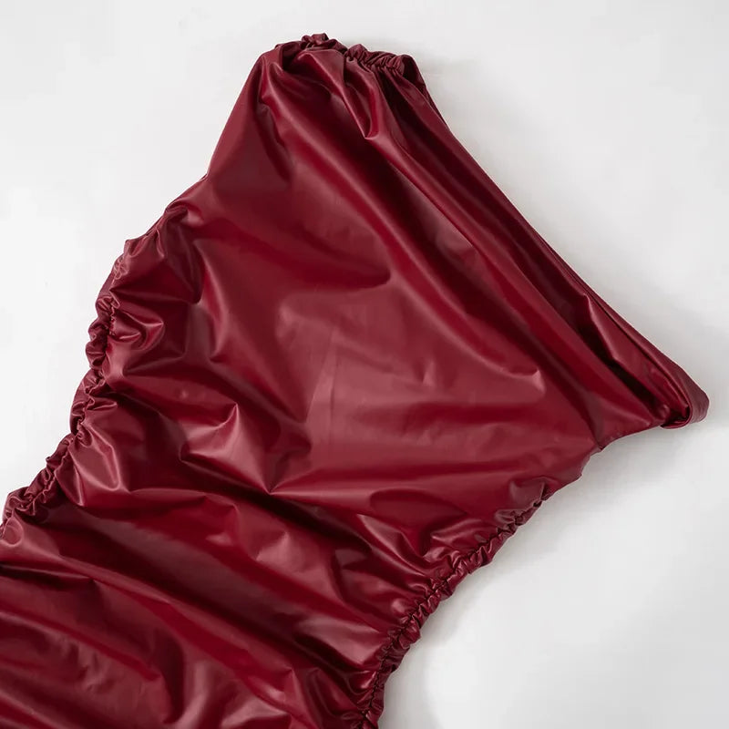Mini faux leather dress with pleats and off-shoulder design - Meri
