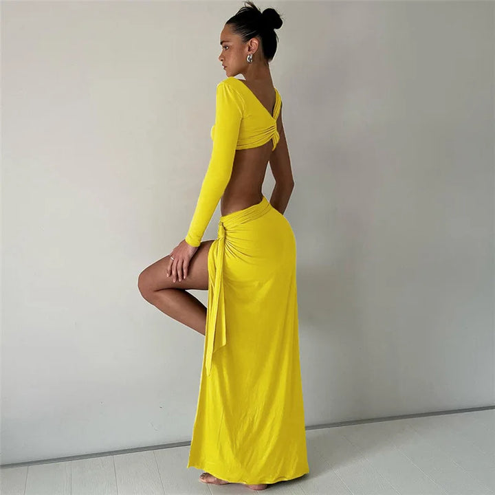 Two-Piece Set: Maxi Skirt with Deep Slit and Top with Special Design and One Sleeve - Sarah Lee