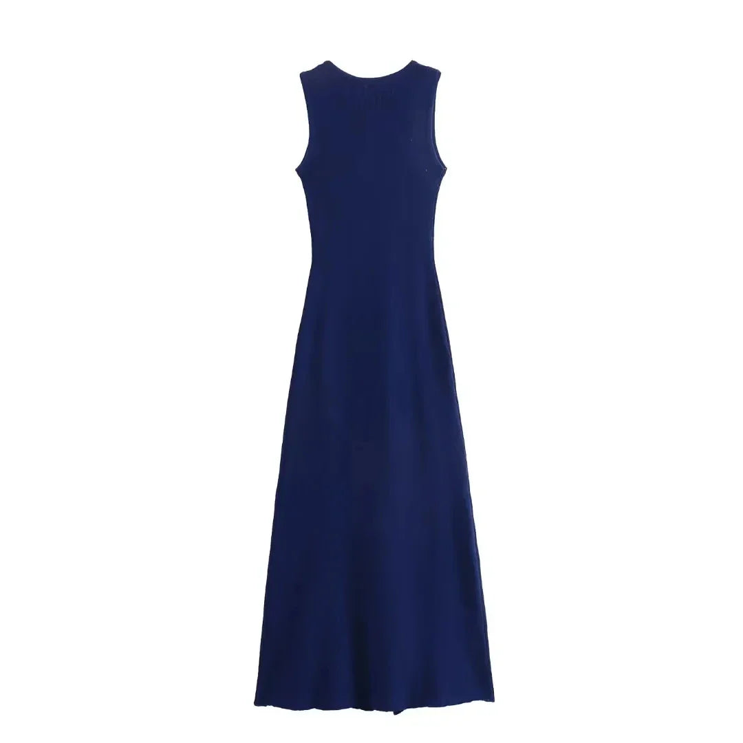 Elegant Knitted Midi Dress with Button Decoration and Small Slit - Pierre
