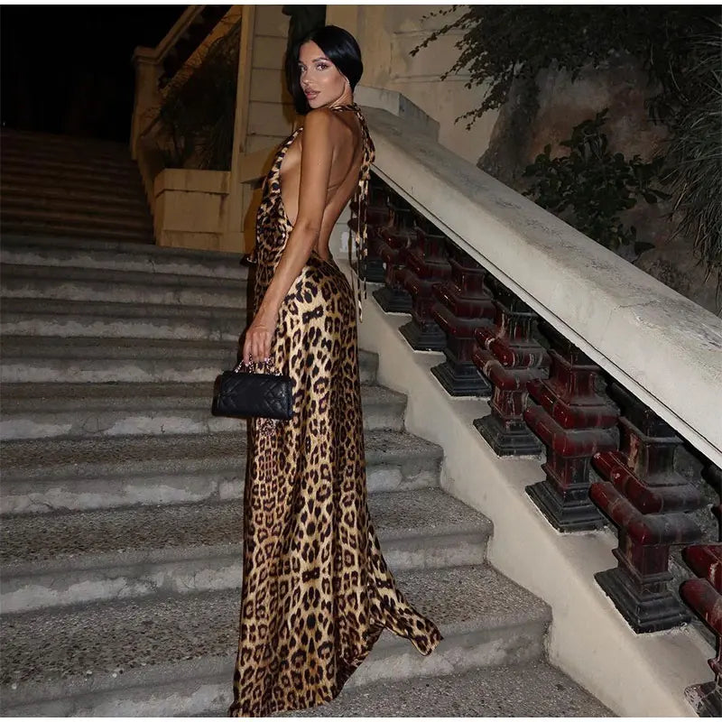 Leopard Satin Maxi Dress with Neck Tie and Draped Collar - Adelyn