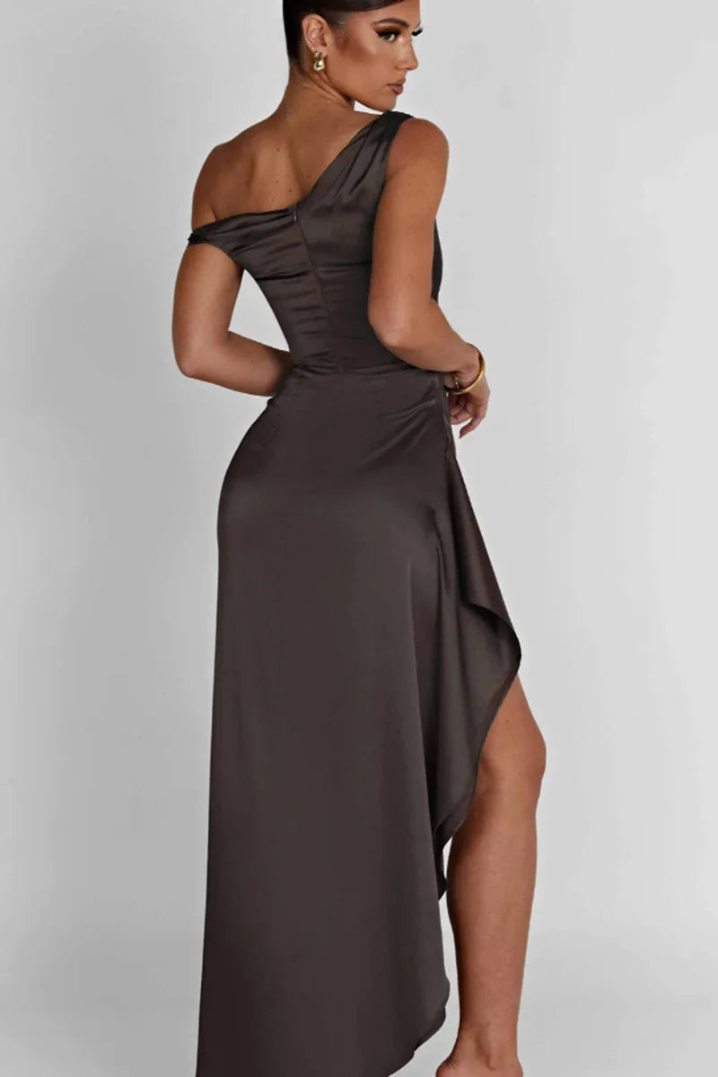 Satin Maxi Dress with Slit and One Shoulder Design - Emiliana