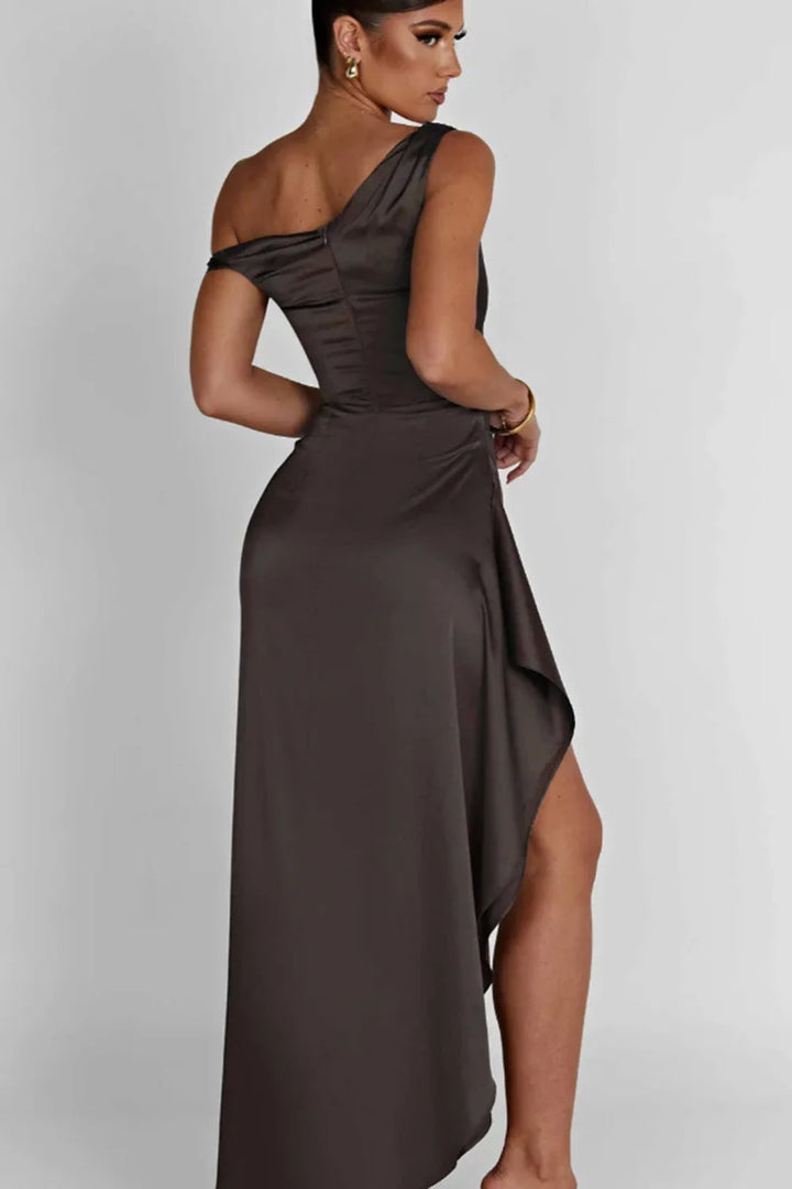 Satin Maxi Dress with Slit and One Shoulder Design - Emiliana