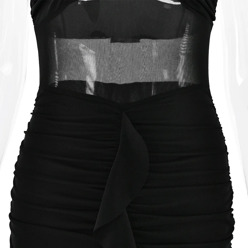 Maxi Chiffon Dress with Ruching Detail and Neck Tie Ruffle - Shelly