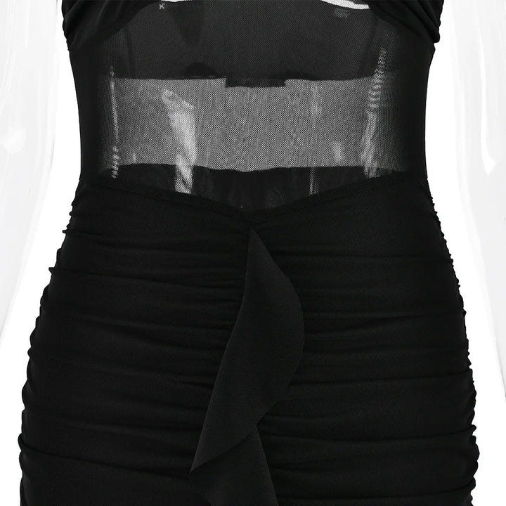 Maxi Chiffon Dress with Ruching Detail and Neck Tie Ruffle - Shelly