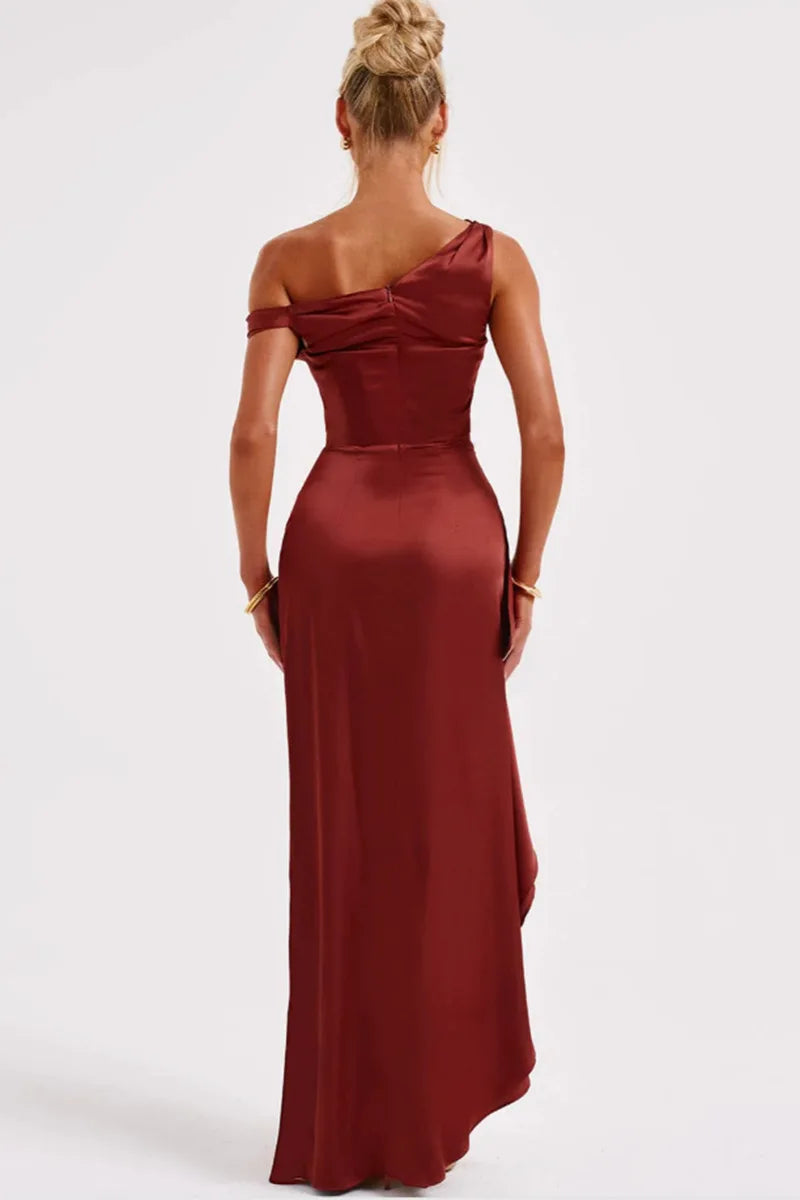 Satin Maxi Dress with Slit and One Shoulder Design - Emiliana