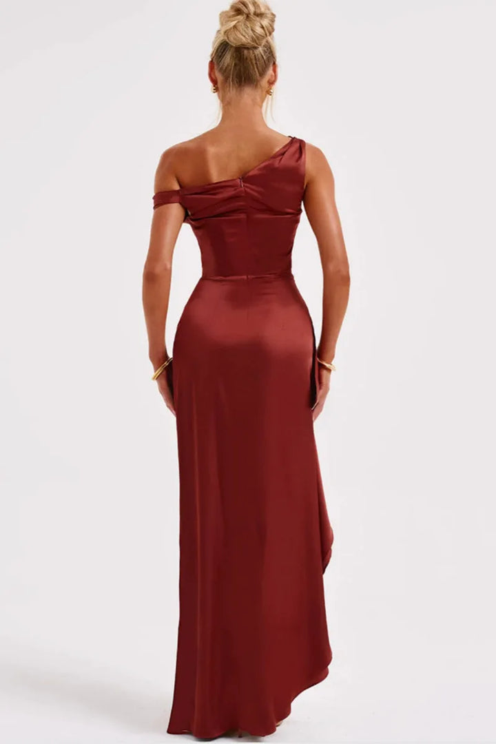 Satin Maxi Dress with Slit and One Shoulder Design - Emiliana