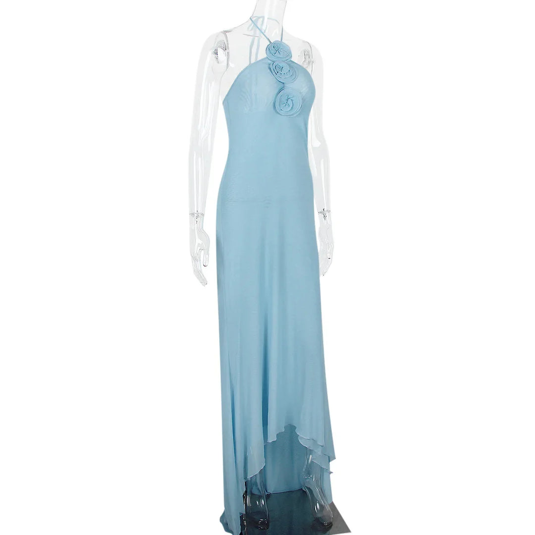 Chiffon Mesh Maxi Dress with Collar and Floral Detail - Florencia