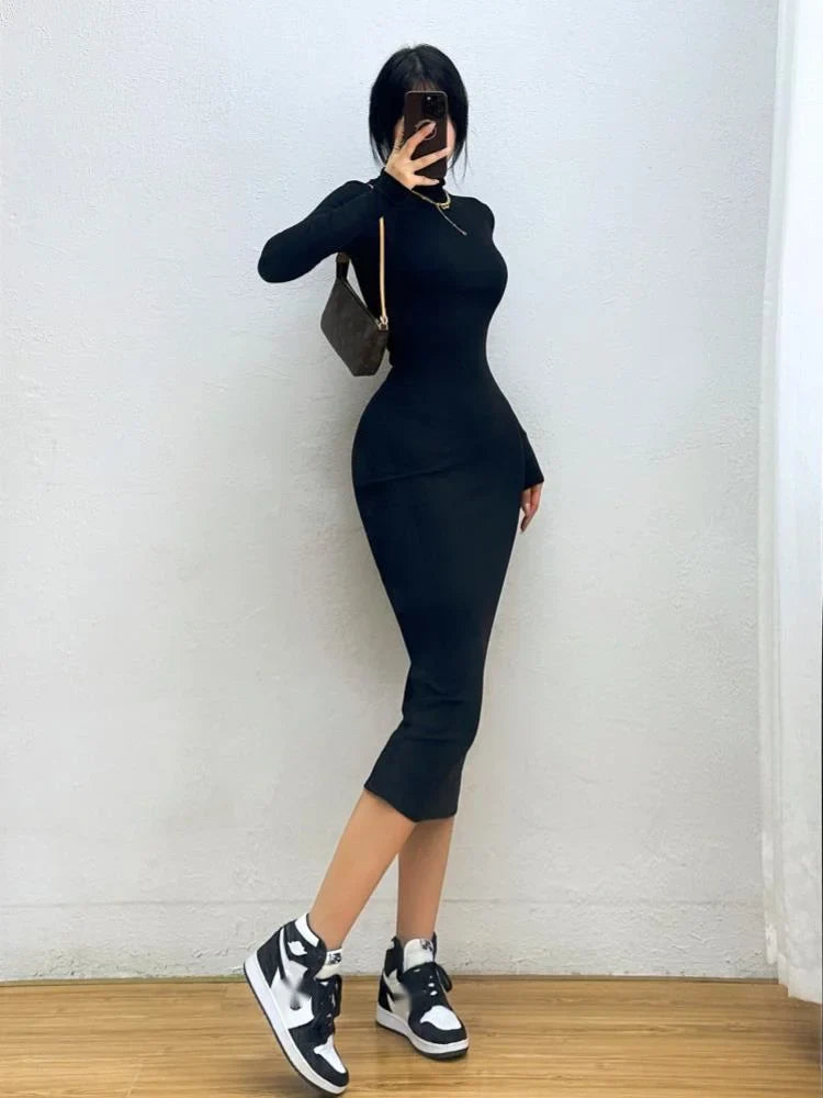 Fitted Knitted Midi Dress with Turtleneck - Kira
