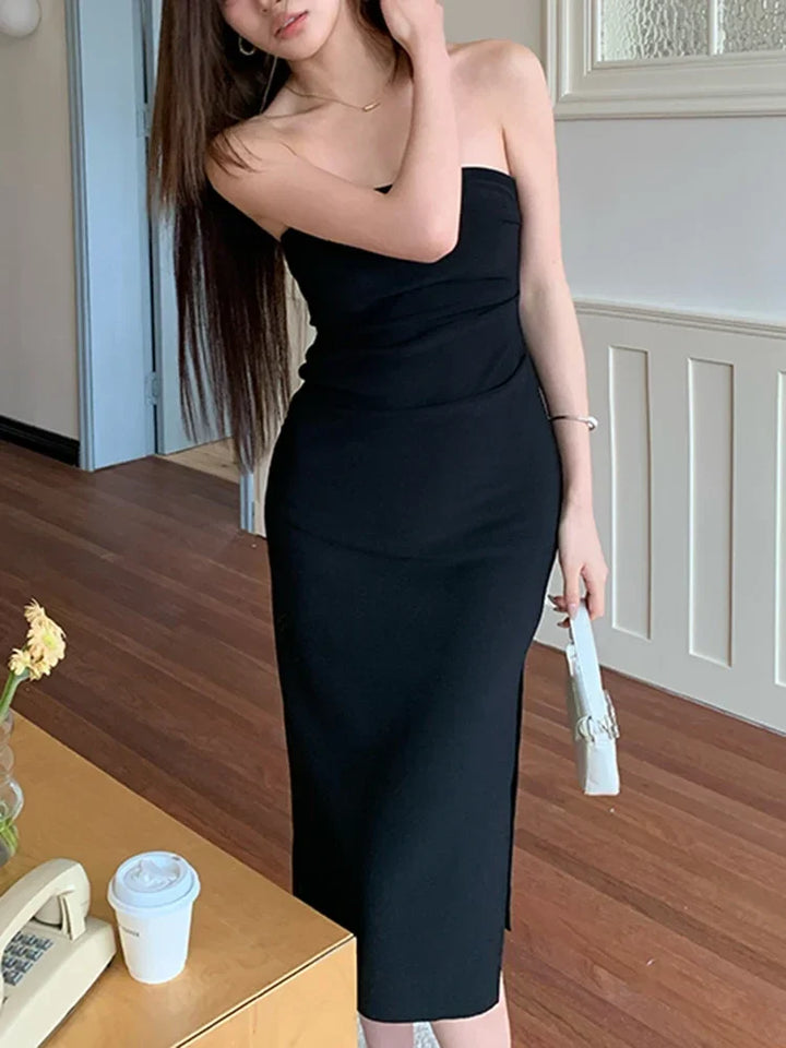 Elegant Strapless Midi Dress with Slit Decoration - Coral