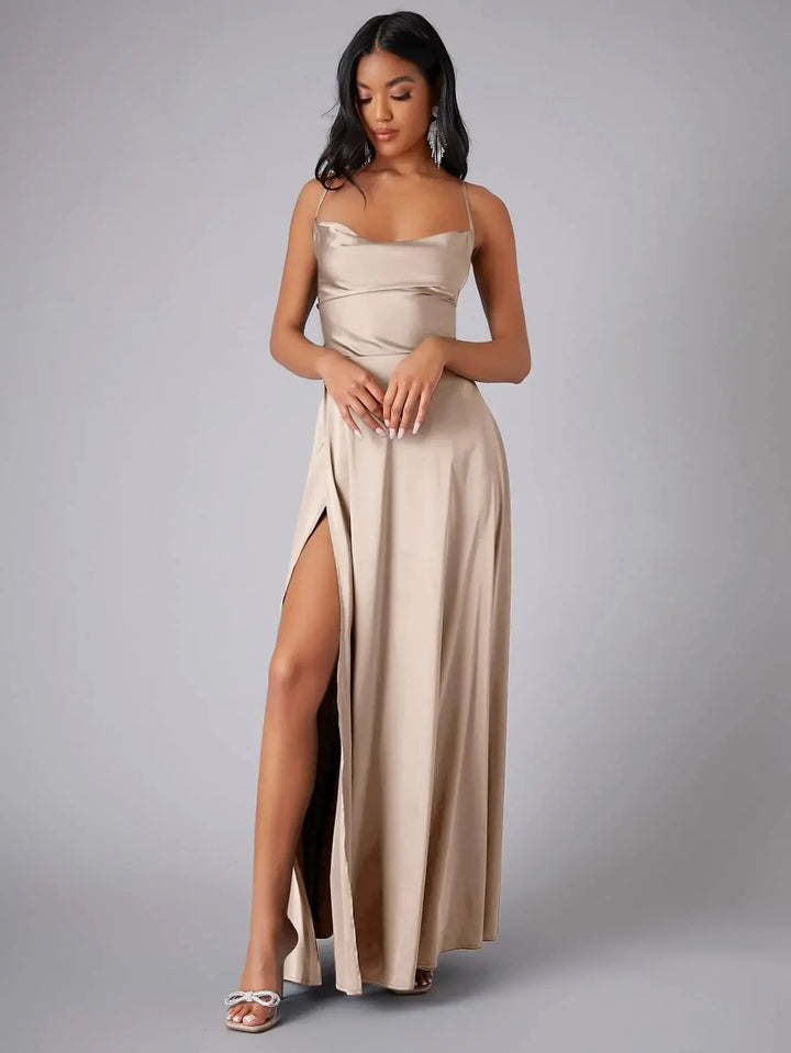 Maxi Satin Dress with Slit Detail and Back Tie - Leona