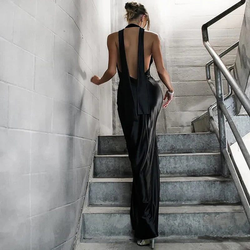 Open Back Satin Maxi Dress with Slit and Matching Scarf Decoration - Felicia