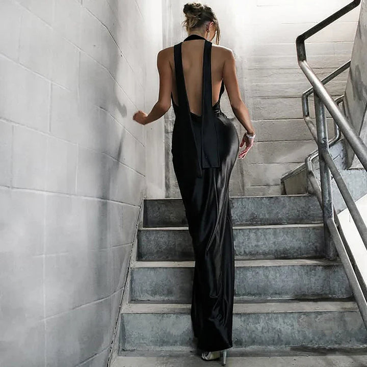 Open Back Satin Maxi Dress with Slit and Matching Scarf Decoration - Felicia