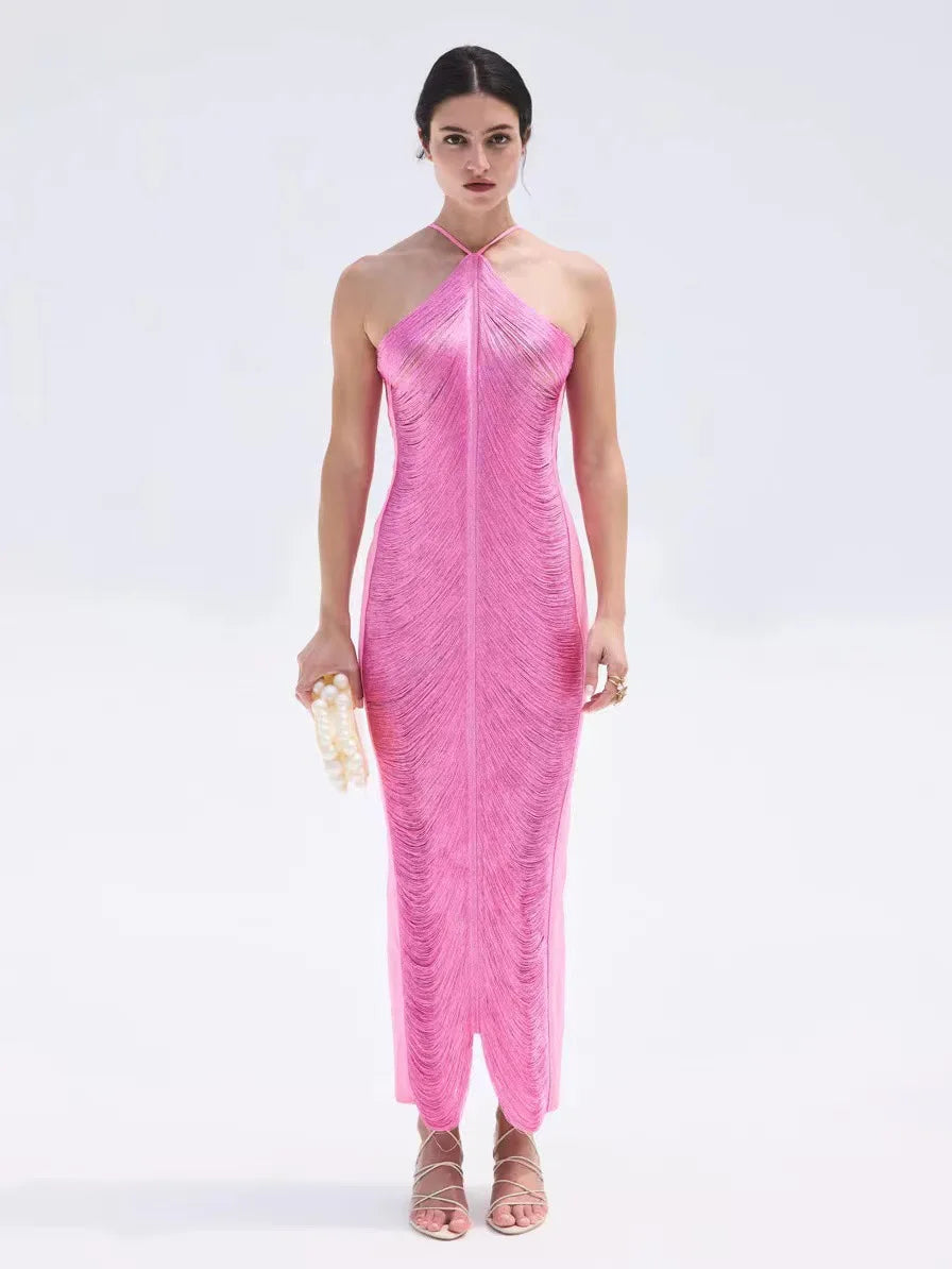 Maxi Dress with Shiny Threads and Open Back - Ashley