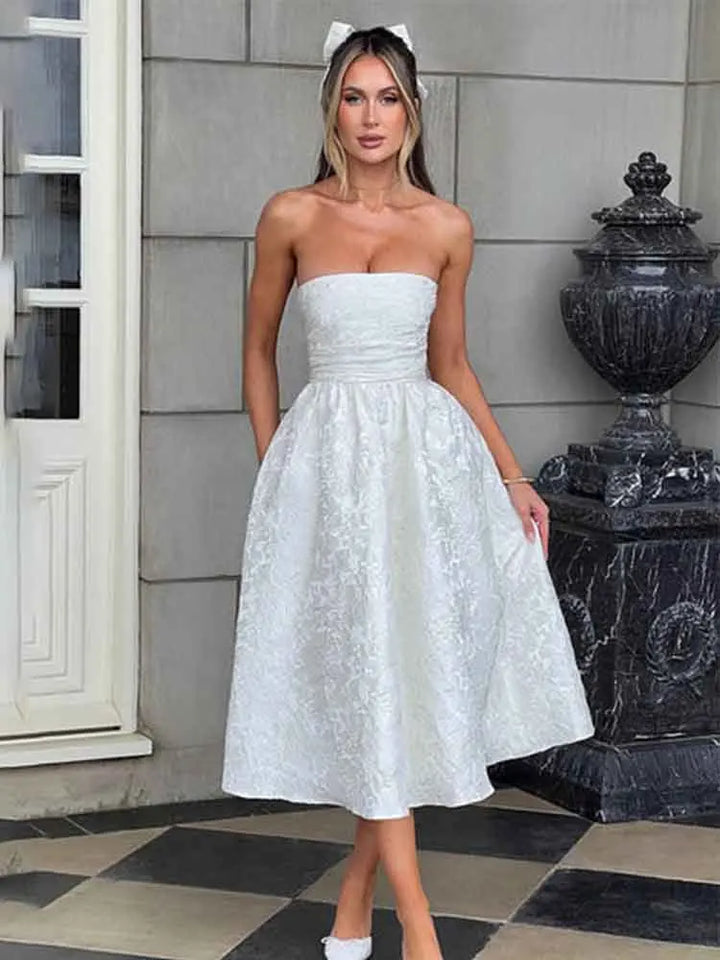 Midi A-Line Dress with Neck Tie, Open Back, Floral Embroidery Detail - Flora