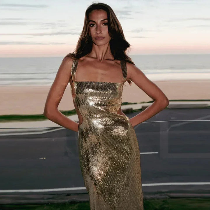 Sequin Maxi Dress with Open Back and Waist - Catalina