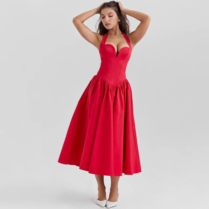 Midi A-Line Dress with Corset Design, Neck Tie - Tanya