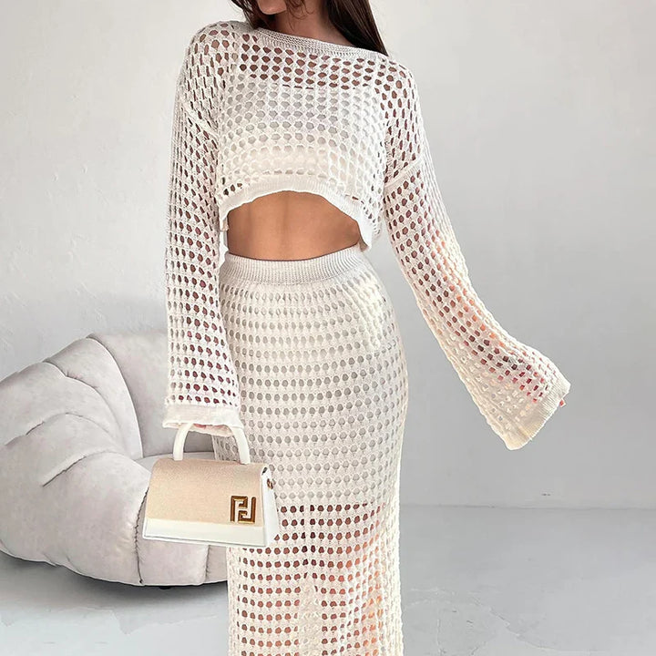 Two-Piece Crochet Mesh Set with Maxi Skirt and Crop Top - Blanca