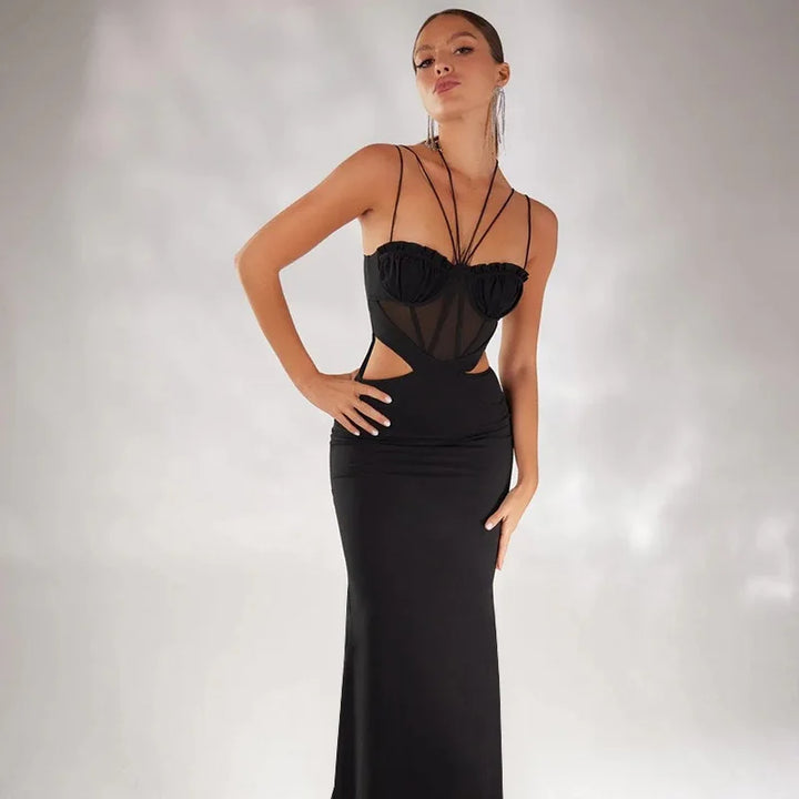 Maxi Evening Dress with Cutouts, Shirring, and Ties - Erica