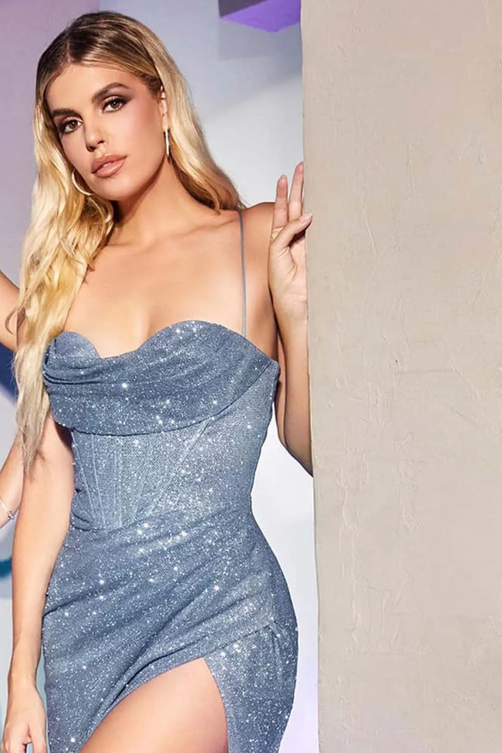 Sequin Maxi Dress with Slit and Back Tie Waist Cinch - Celeste