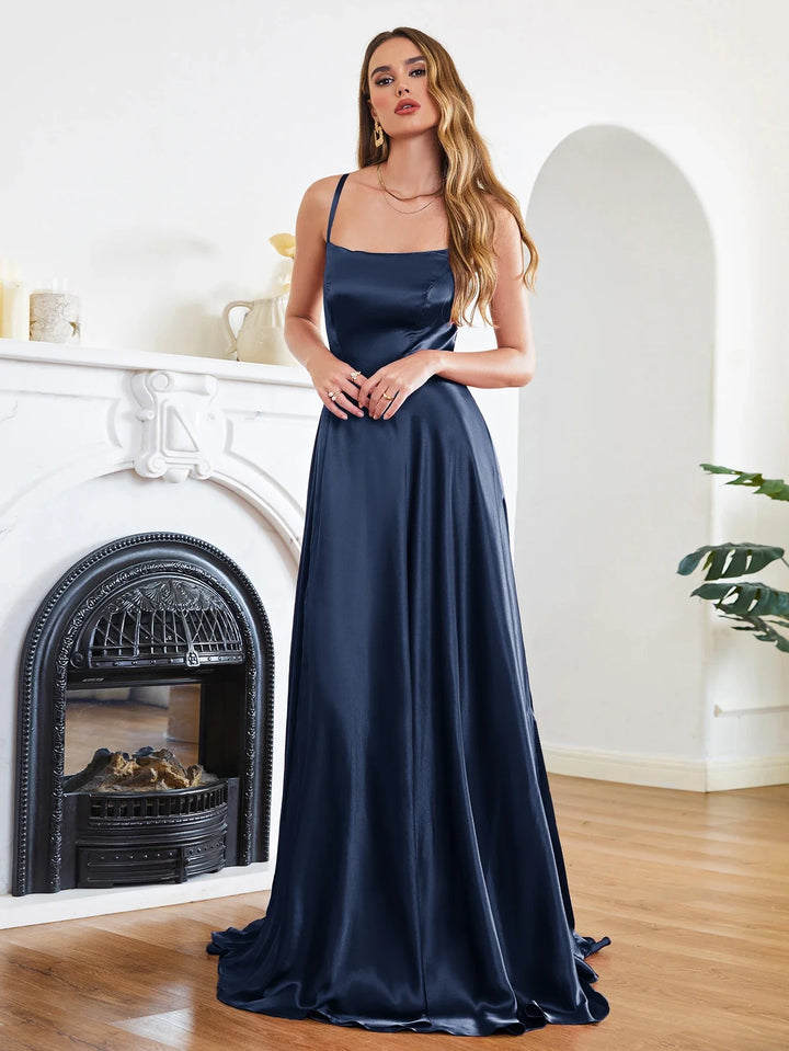 Elegant Maxi Satin Dress with Slit, A-Line Design, Back Tie - Prince